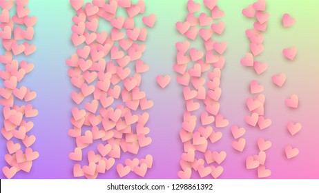Valentine's Day Background. Many Random Falling Purple Hearts on Hologram Backdrop. Heart Confetti Pattern. Flyer Template. Vector Valentine's Day Background.