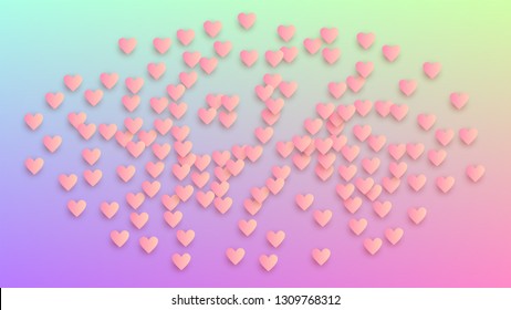 Valentine's Day Background. Many Random Falling Pink Hearts on Hologram Backdrop. Heart Confetti Pattern. Flyer Template. Vector Valentine's Day Background.