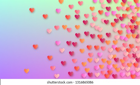 Valentine's Day Background. Many Random Falling Beautifull Hearts on Hologram Backdrop. Card Template. Heart Confetti Pattern. Vector Valentine's Day Background.