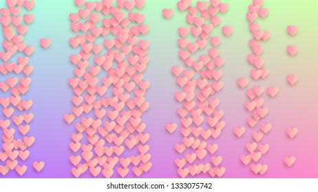 Valentine's Day Background. Many Random Falling Purple Hearts on Hologram Backdrop. Card Template. Heart Confetti Pattern. Vector Valentine's Day Background.