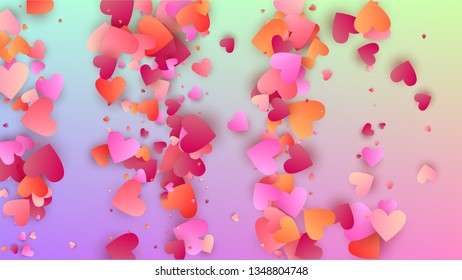 Valentine's Day Background. Many Random Falling Red Hearts on Hologram Backdrop. Heart Confetti Pattern. Banner Template. Vector Valentine's Day Background.