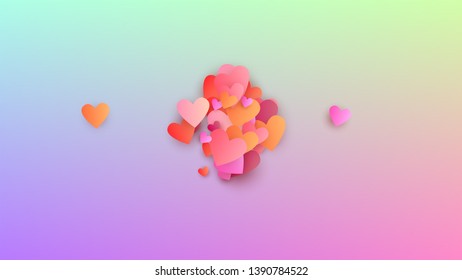 Valentine's Day Background. Many Random Falling Purple Hearts on Hologram Backdrop. Banner Template. Heart Confetti Pattern. Vector Valentine's Day Background.