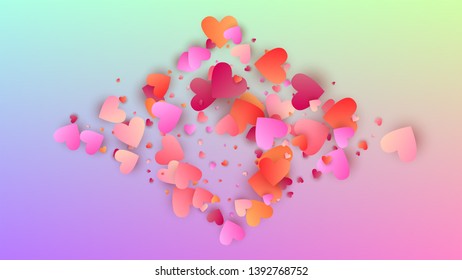 Valentine's Day Background. Many Random Falling Purple Hearts on Hologram Backdrop. Poster Template. Heart Confetti Pattern. Vector Valentine's Day Background.