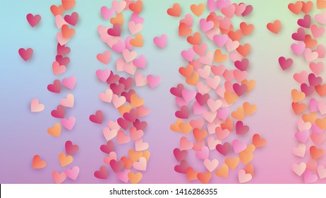 Valentine's Day Background. Many Random Falling Red Hearts on Hologram Backdrop. Banner Template. Heart Confetti Pattern. Vector Valentine's Day Background.