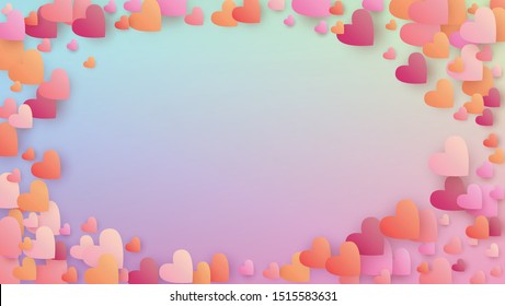 Valentine's Day Background. Many Random Falling Beautifull Hearts on Hologram Backdrop. Flyer Template. Heart Confetti Pattern. Vector Valentine's Day Background.