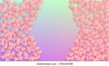 Valentine's Day Background. Many Random Falling Purple Hearts on Hologram Backdrop. Heart Confetti Pattern. Flyer Template. Vector Valentine's Day Background.