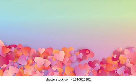 Valentine's Day Background. Many Random Falling Pink Hearts on Hologram Backdrop. Flyer Template. Heart Confetti Pattern. Vector Valentine's Day Background.