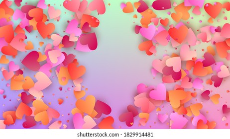 Valentine's Day Background. Many Random Falling Purple Hearts on Hologram Backdrop. Heart Confetti Pattern. Banner Template. Vector Valentine's Day Background.