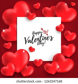 Valentine's day background of many red hearts with Happy Valentine's Day text in white frame on red background. Design for Valentines day concept. Vector illustration.