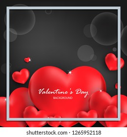 Valentine's day background of many red hearts with gray frame on black background with bokeh for your copy space. Concept of love design for Invitation to party or greeting card or banner. 