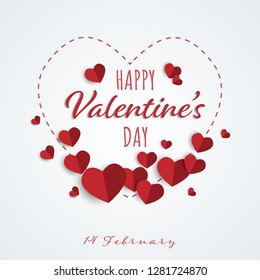 Valentine's day background of many red hearts with heart shape frame and Happy Valentine's Day 14 February text on white background. ​Concept of love and Valentines day. Vector illustration.
