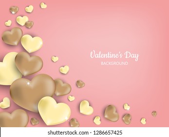Valentine's day background of many yellow and gold hearts on light pink background for your copy space. Concept of love and Valentines day. Vector illustration.