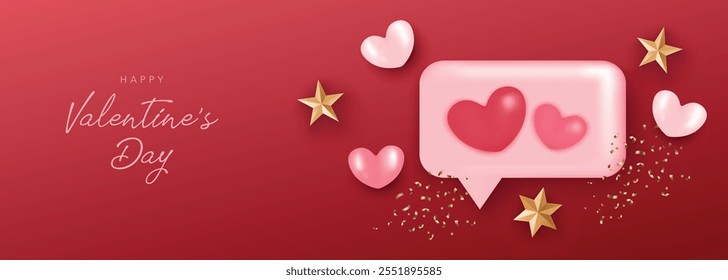 Valentine's Day background with message box, little hearts, stars and confetti. Vector for poster, social media, website, greeting card, coupon, voucher, promotion, sale, discount.