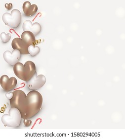 Valentines day background. Mother's Day or Womens Day. Cute hearts, candy, confetti.Vector illustration.