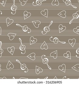  Valentine's Day background. Music seamless pattern. Clef. Hearts. Notes.