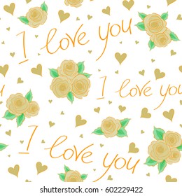 Valentines day background in neutral and yellow colors. Abstract love seamless pattern on a white background. Vector heart, love letter and text seamless pattern.