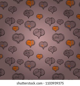 Valentines day background on neutral, black, orange, brown and gray colors. Seamless Interesting typography. Love design with different elements. Vector illustration.