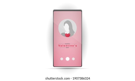 Valentines day background on a smartphone monitor and typography Happy Valentine's Day text on white background. Vector illustration. Romantic quote postcard, postcard, invitation, banner template.
