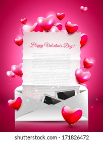 Valentine's Day background with open envelope with empty paper and flying hearts