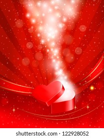 Fondo del día de San Valentín con caja de regalo roja abierta con arco y cintas. Vector.
