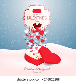 Valentine`s day background with an open red gift box. Can be used for wallpaper, decoration, banner, advertising. Vector
