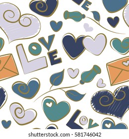 Valentines day background in orange and blue colors. Abstract love seamless pattern on a white background. Vector heart, love letter and text seamless pattern.