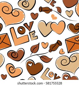 Valentines day background. Orange, brown and yellow pattern on white background. Vector hearts, love letter, flower and love text.