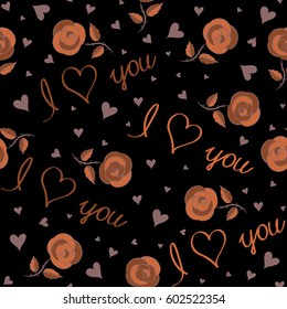 Valentines day background in orange, neutral and brown colors. Abstract love seamless pattern on a black background. Vector heart, love letter and text seamless pattern.