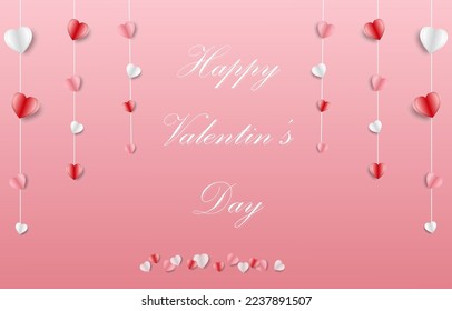 Antecedentes del Día de San Valentín. Origami hizo un corazón colgando de un hilo. Ilustración vectorial de banner con estilo de corte de papel.