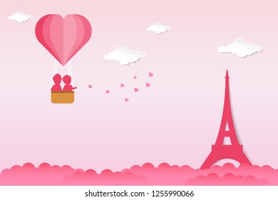 Valentines day background in paper cut style design. Two couples boarded a hot air balloon pointing at Eiffel tower. Couple lovers scenery in Paris. Vector illustration