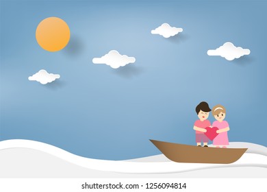 Valentine's day background in paper cut. A couple holding heart shape while sailing at the sea on clear sunny sky. Vector illustration, blue background.