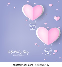 Valentine's day background with paper cut heart shape hot air balloon with LOVE text lined pattern. Concept of love and valentine day, paper art style.