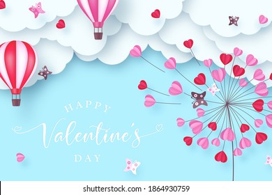 Valentines day background with paper cut clouds, butterflies, dandelion made of flying hearts and hot air balloons. Love concept. Vector illustration.