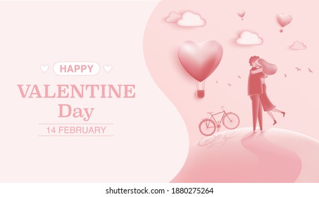 
Valentines day background, paper cut heart ballon flying on pink sky with pink clouds.