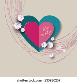 Valentines day background with paper heart and white flower.