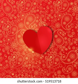 Valentine's Day background with paper heart on a beautiful red paisley pattern. Vector Romantic Valentine. Seamless wallpaper