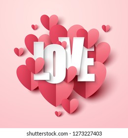 Valentine`s day background with paper hearts. Vector illustration.