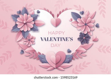 Valentine's day background in paper style with flower, leaves and heart.