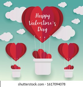 Valentine's day background in paper style. Vector illustration of hearts,hot air balloons, clouds on a blue sky background in paper art and digital craft style.