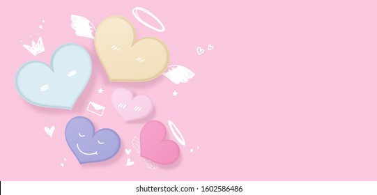 Valentines Day background. Pastel hearts with cute decorative elements. Cartoon style. Space for your design. Valentines' day concept. Top view. Vector illustration.