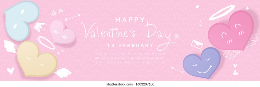 Valentines Day background. Pastel hearts with cute decorative elements. Cartoon style. Horizontal header for website. Valentines' day concept. Top view. Vector illustration.