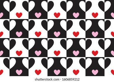 Valentines day background pattern with hearts on black and white squares.