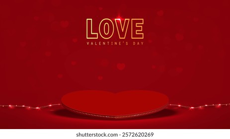 Valentines Day background with pedestal heart and light decorative for product display on Red shine background. Vector illustration.