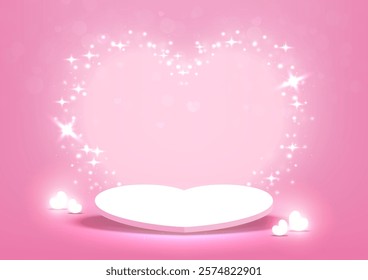 Valentines Day background with pedestal heart on heart scene shine for product display on pink background. Vector illustration