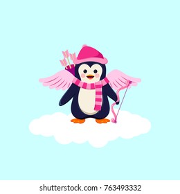 Valentines Day Background With Penquin Cupid On White Cloud