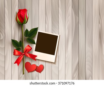 Valentine's day background with photo, hearts, and a rose. Vector.