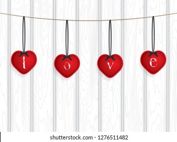 Valentine`s day background with pillow hearts on rope, vector illustration