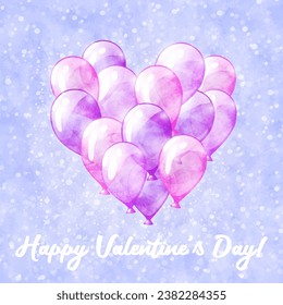 Valentines day background with pink balloons in heart shape. Concept of love, romance and happy wedding day with flying purple inflatable balloons, vector illustration with watercolor texture