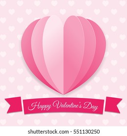Valentine's day background. Pink big heart with ribbon. Romantic Symbol of love. Creative colorful modern vector illustration. Holiday template, greeting card, flyer, poster design. Paper layers.
