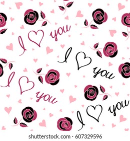 Valentines day background. Pink and black pattern on white background. Vector hearts, flower and love text.
